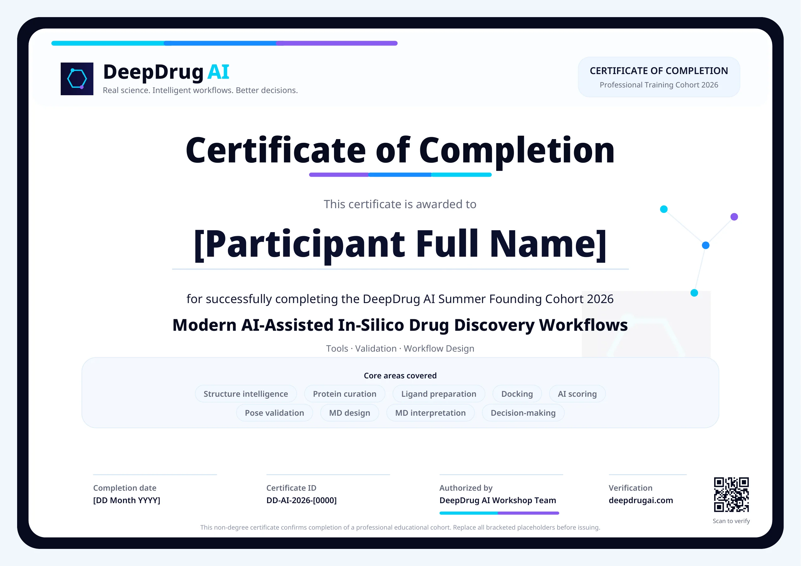 DeepDrug AI Certificate of Completion — Modern AI-Assisted In-Silico Drug Discovery Workflows